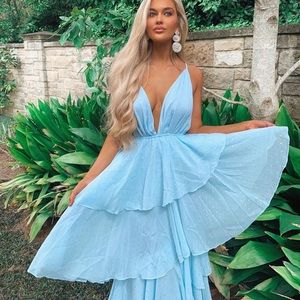 Light Blue Tiered V-Neck Maxi Dress